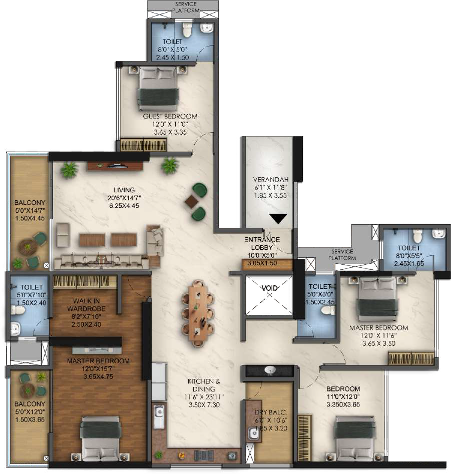 Indulge in a masterpiece of Italian architecture with our expansive 4 BHK flats at Orizzonte.